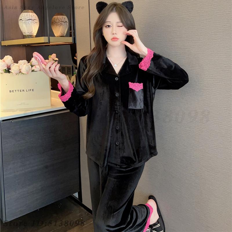 Long Sleeved Velvet Cardigan Trousers Pijamas Suit Lace Edges Sweet Lapel Home Wear Sleepwear Autumn Winter Lingerie Loungewear