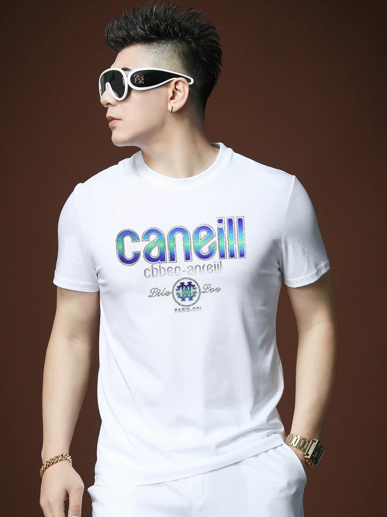 Ozhouzhan Trendy Men's Short Sleeve T-shirt Summer Trendy Brand Casual Round Neck Letter Hot Drilling Top Half Sleeve T-shirt Men