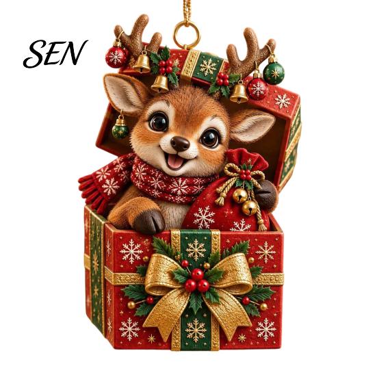 Small Animal Gift Tags for Christmas Forest Ornament, 2D Flat Acrylic Fox Reindeer Squirrel Raccoon in Tree Decoration Set Box Hanging Xmas