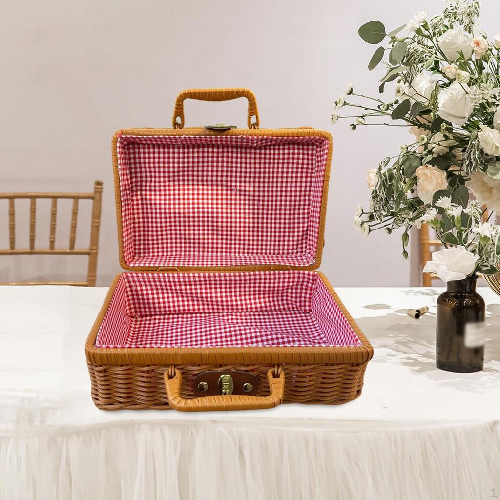 Imitation Rattan Storage Basket Handwoven Suitcase with Lid Woven Organizer Bin for Counter