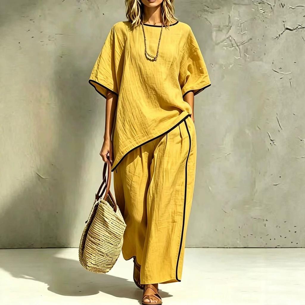 2026 new cross-border European and American women's elegant round neck casual loose short-sleeved two-piece set for women