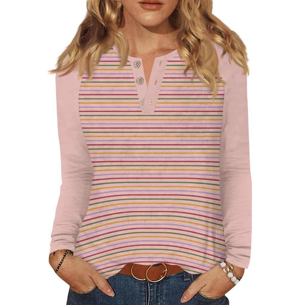 Dámské tričko s potiskem, knoflíky, dlouhý rukáv, denní, víkendová móda, základní, výstřih do V, běžný top