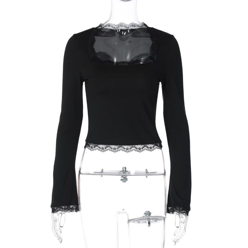 New Fashion Lace Square Neck Long Sleeve Women's T-shirt Spring Elegant Slim Fit Basic Versatile Women's Tee Top Street Solid Color Ladies T Shirts