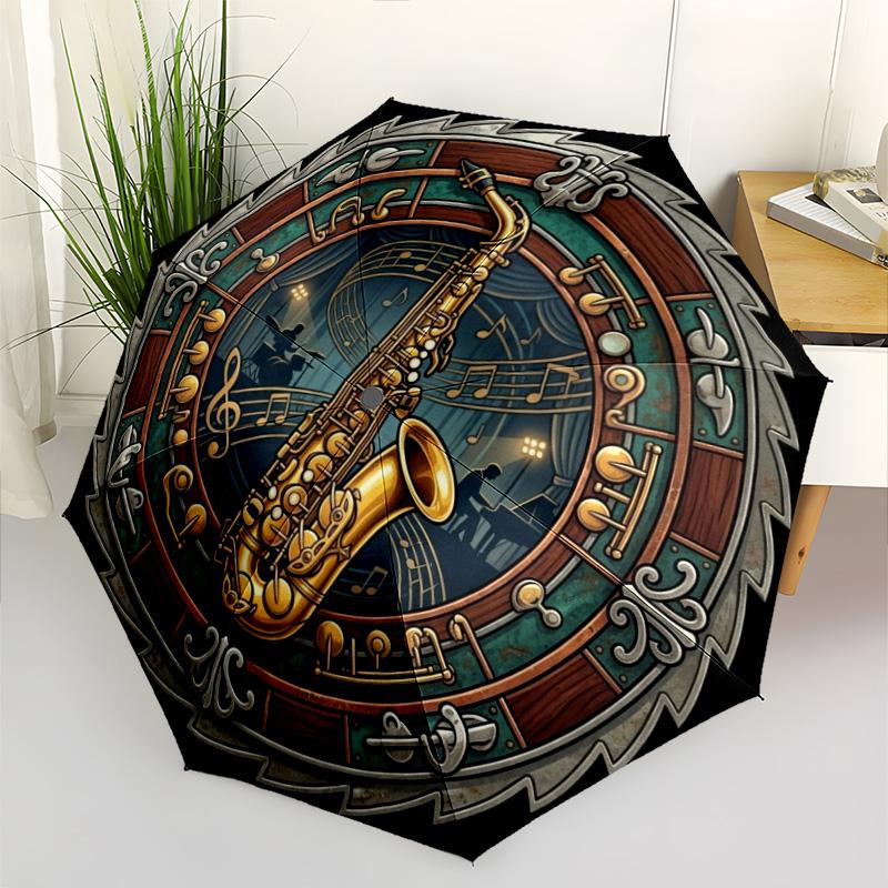 Saxophone Music Festival Emblem Pattern Umbrella, Portable and Foldable Design, 8 Ribs, a Casual Accessory for Friend's Birthday Gifts.