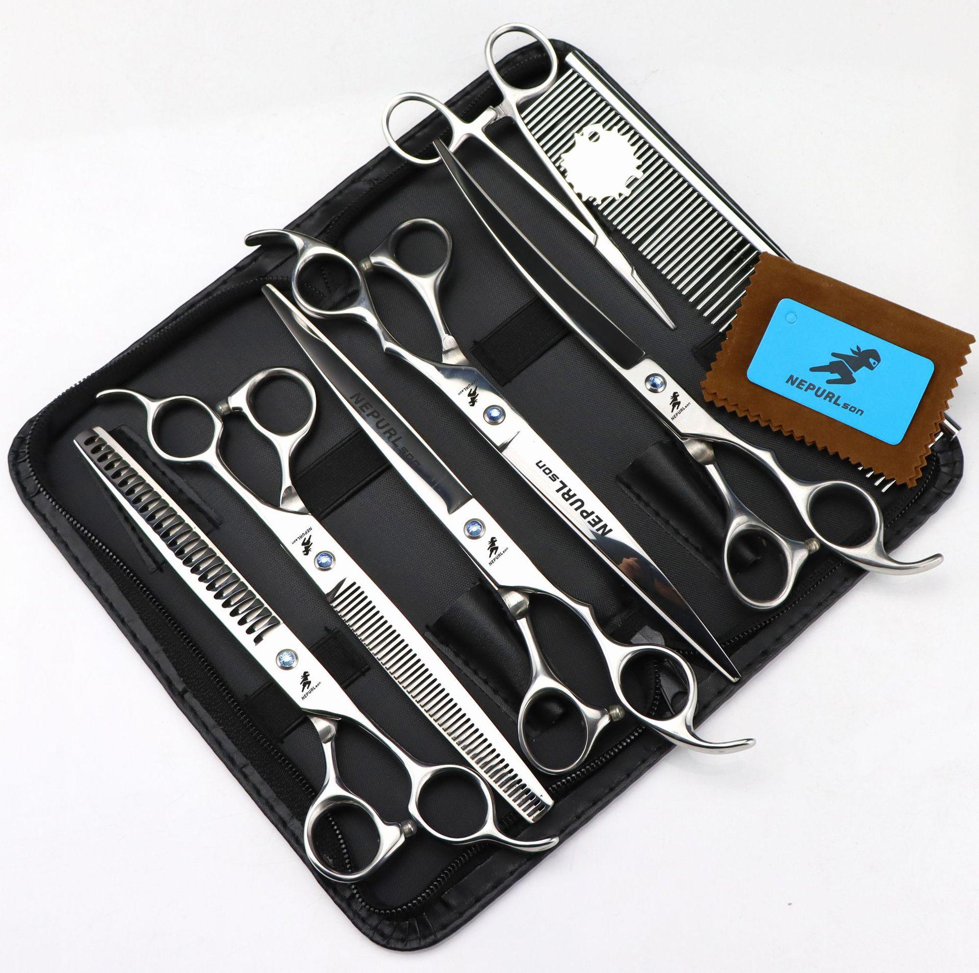 Napson 8-inch Glossy 5-Piece Pet Grooming Scissors Set with Straight Shears, Rake Comb, and Fishbone Tooth Comb