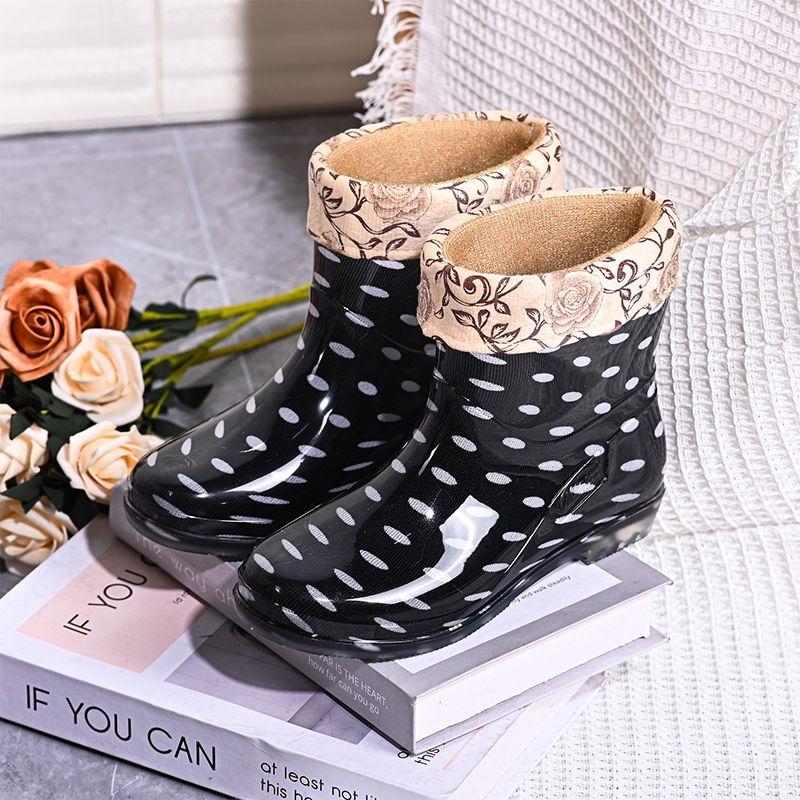 Women's Waterproof Short Shaft Rain Boots Fleece-Lined Anti-Slip Warm Rubber Boots for Kitchen & Outdoor Stylish Adult Footwear