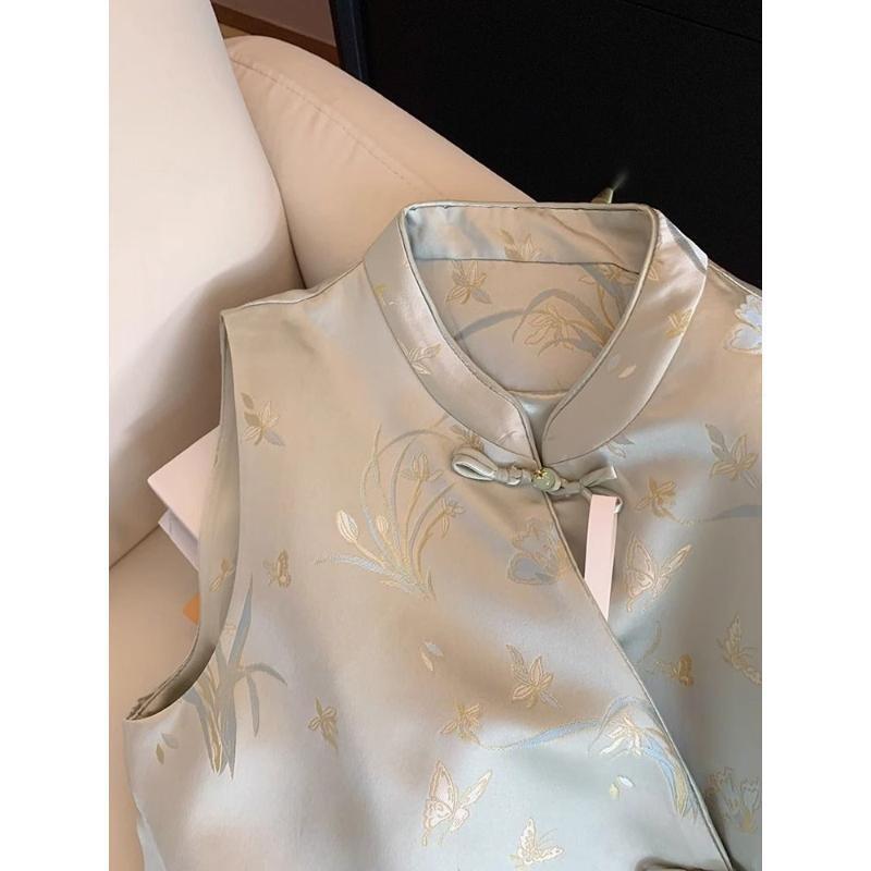 Vintage Jacquard Satin Vest Femininity Stand-Up Collar Premium Stacked Top