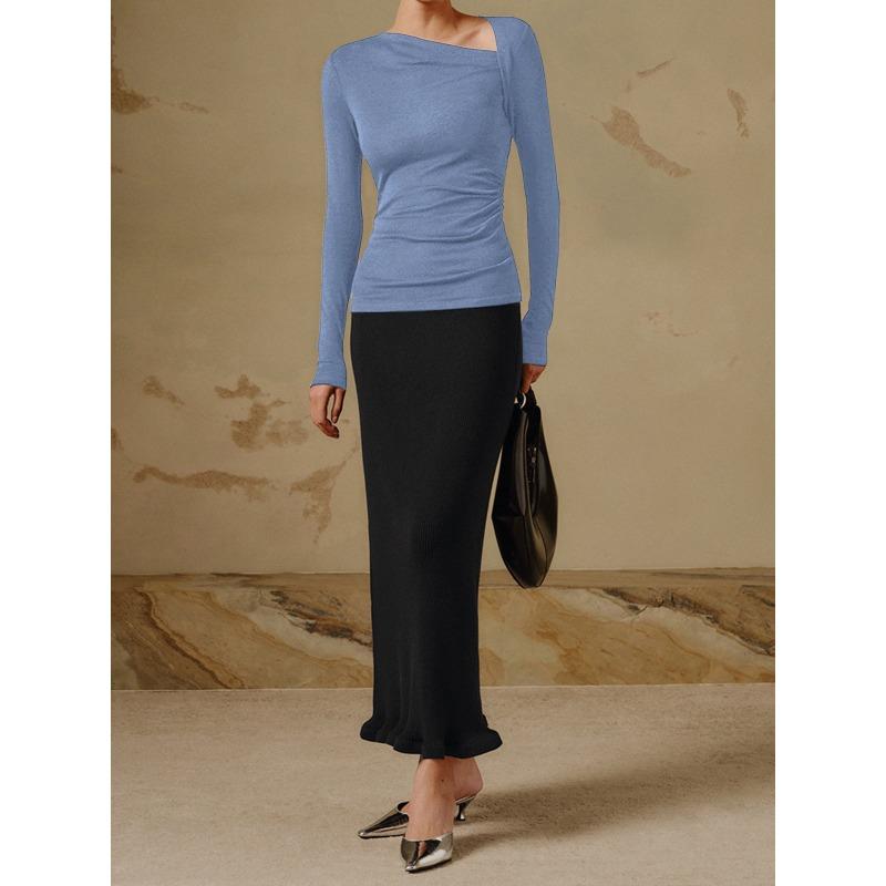 Women's Sexy Slant Neck Long Sleeve Solid Colour Inner Temperament Elegant Top