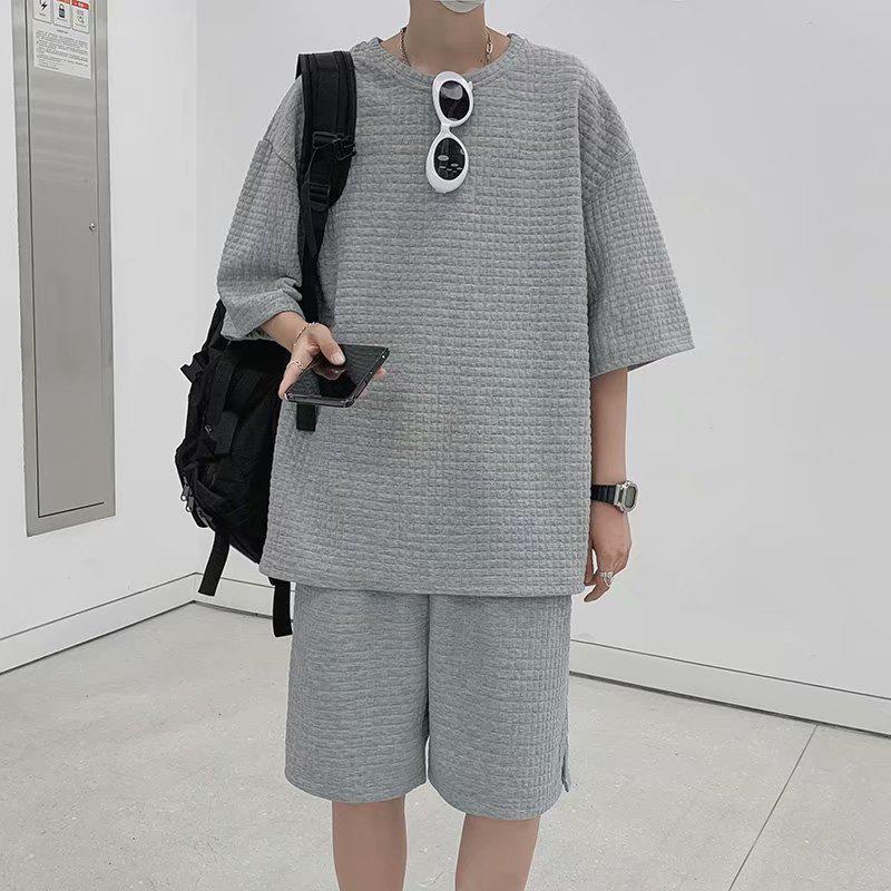 

Мужской модный спортивный костюм из вафельной ткани с футболкой с короткими рукавами на лето 3XL