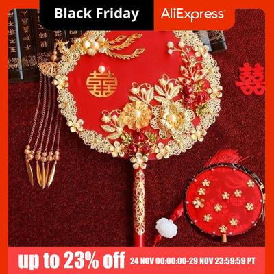 Traditional Chinese Style Bride Group Fan Handmade Flower Decorative Fan Vintage Xiuhe Fan Bride Hand Held Fan Dance Performance