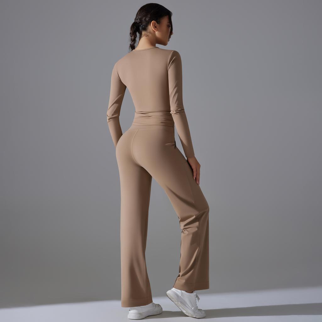 Auroth Long Sleeve Yoga Set With Pockets Women Workout Colthes Gym Top Wide Leg Fitness Pants Sportswear