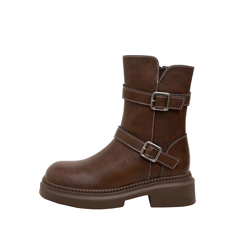 Neuer Fleck Maillardbraun Britischer Stil Kurze Stiefel Damen 2025 neu Herbst und Winter Dicksohlig Vielseitig und Dünn Gürtelschnalle