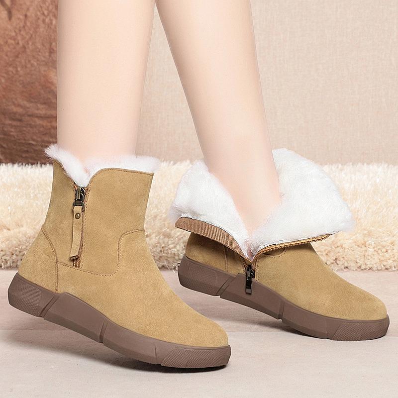 Genuine Leather Snow Boots Cold-proof Winter Boots Fur Piled Thickened Cotton Shoes Cowhide Thick-soled Non-slip Wool Integrated Short Boots Women
