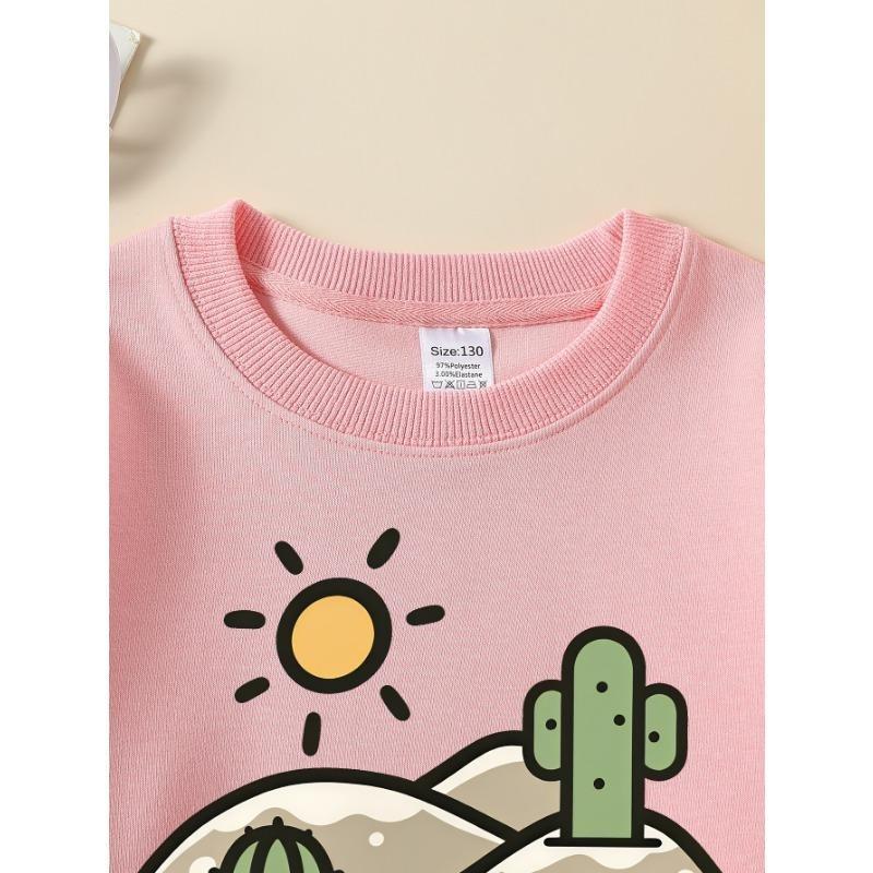 European Sizes Girls' Long-Sleeve Round Neck Sweatshirt "Sunny Day Cactus" Print, Spring/Autumn, Casual, Daily & Sports.