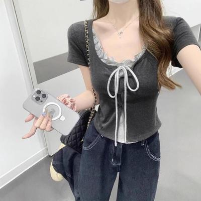 Women's Summer Chic Ruffled Lace-Up U-Neck Short-Sleeve T-Shirt, Slim Fit, Faux Two-Piece Design
