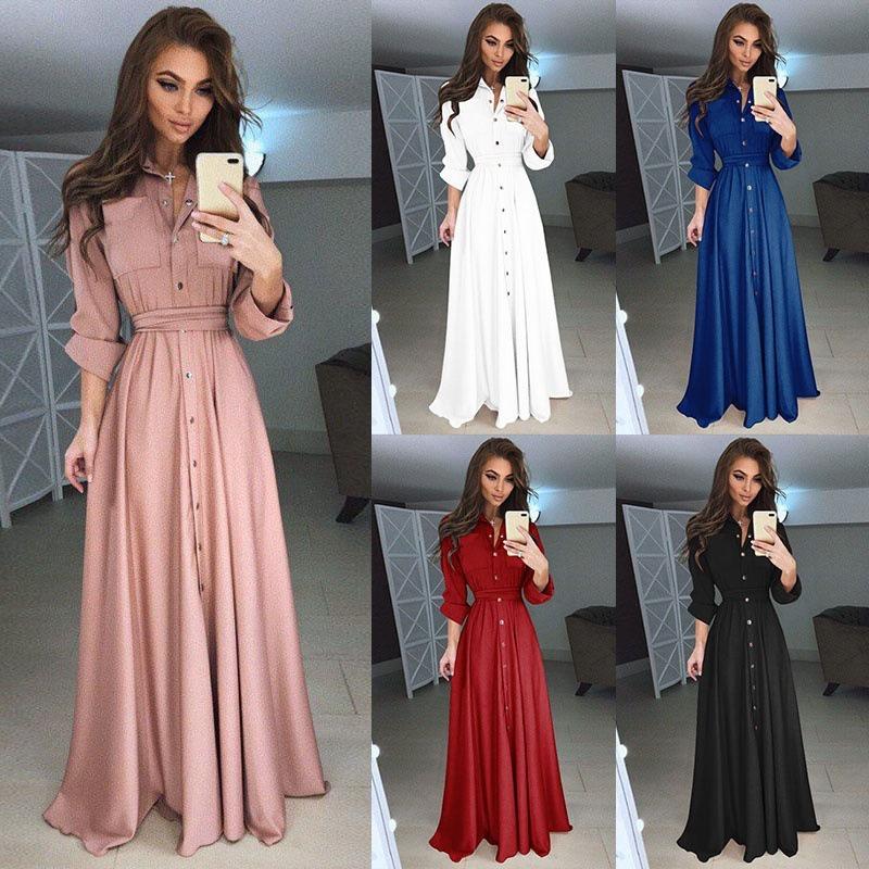 New Fashion Long Sleeve Plus Size Chiffon Dress Women Clothing Solid Button Up Lace-up Midi Loose Dress Woman Elegant Round Neck Casual Dresses 24772