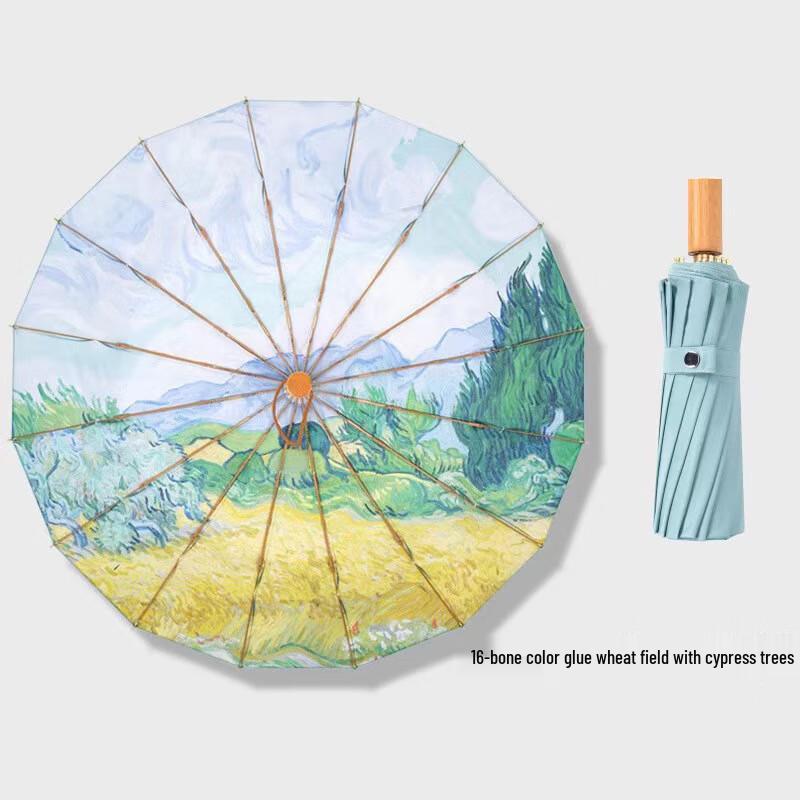 OIMG 16-Rib Retro Oil Painting Folding Umbrella