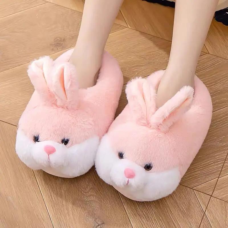 Fashion Cute Rabbit Shoes Women Winter Slippers Warm Plush Soft Sole Girls Indoor Home Floor Slipper Pink Color Ladies Cartoon Footwear