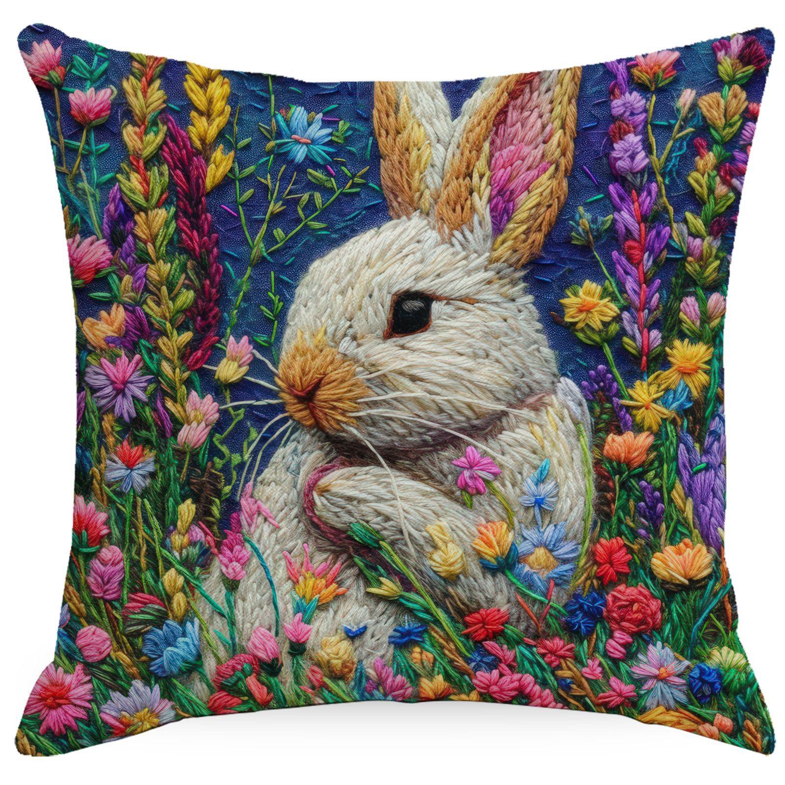 

Новая весенняя наволочка с имитацией вышивки, с цветочным принтом и кроликом, льняная, печатная, домашняя, наволочка для подушки 45 * 45Cm