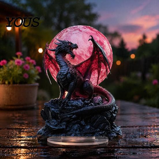 Blood Moon Acrylic Ornament 2D Dragon Crystal Ball Sculpture Figurine, Waterproof Western Decorative Table Sign Fantasy Themed for Living Room Coffee
