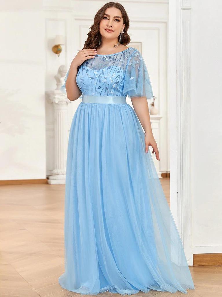 Elegant Plus Size Sequin Embroidered Evening Gown with Mesh Hem
