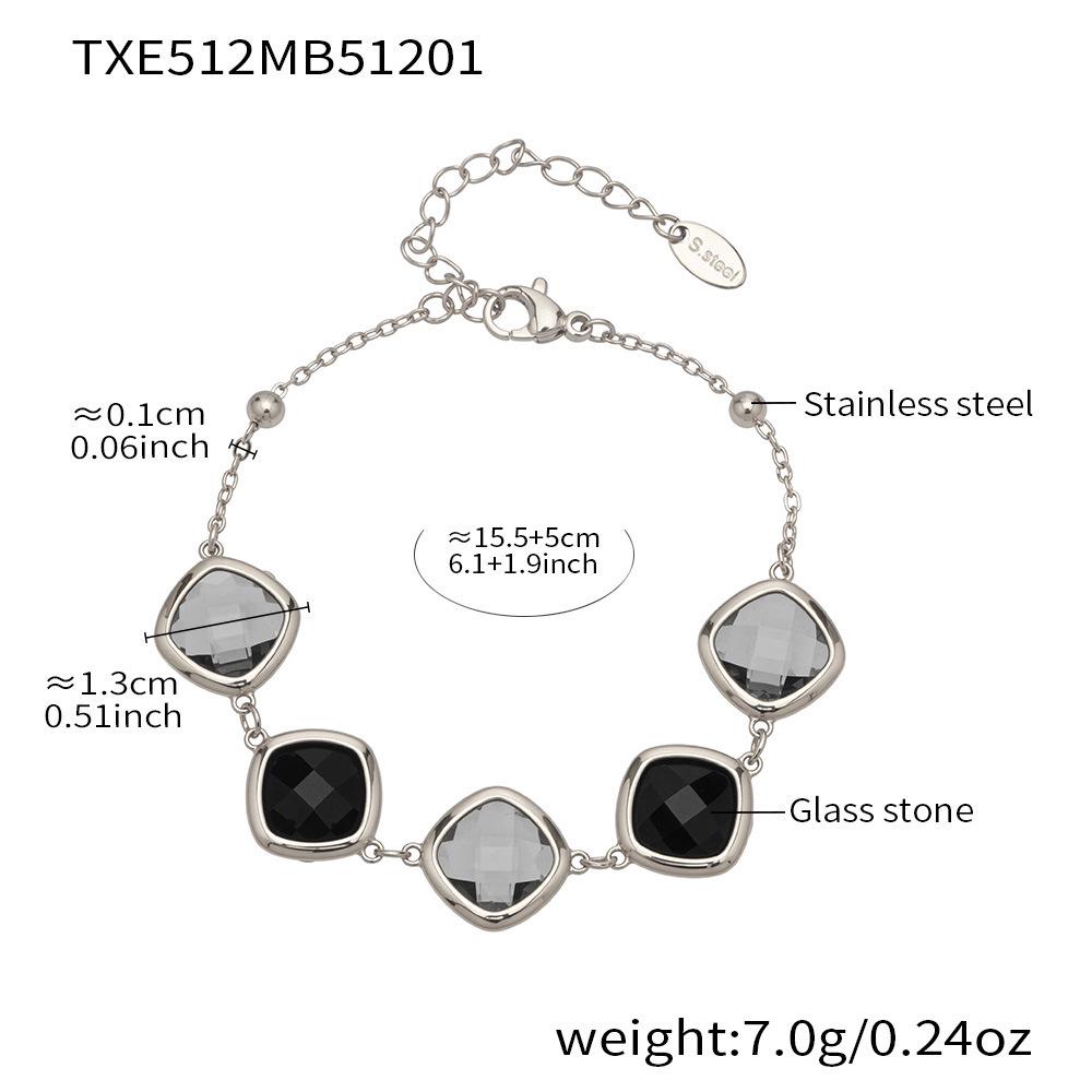 Stylish European & American Stainless Steel Jewelry Set with Square Faceted Glass Stones: Includes Bracelet, Necklace, and Earrings