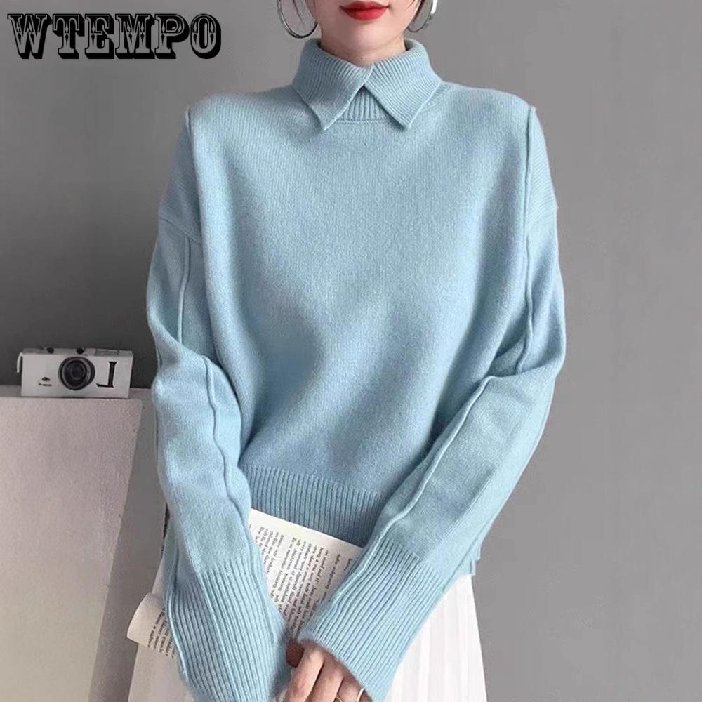 Solid-color Sweater Women Loose Long-sleeved Pullover with Lapel Paired with Turtleneck Loose Knitted Base Layer Top