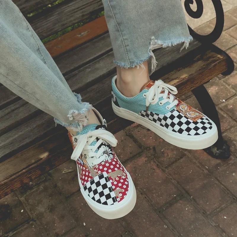 Mode Frühling und Herbst Sportschuhe Damen Canvas Karomuster Farbe lässig schlicht flach Paar Sportschuhe Herren- und Damen-Tennisschuhe