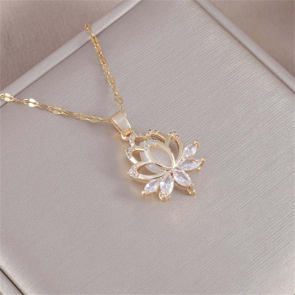 Luxus Damen Kristall Weiß Zirkon Stein Lotusblume Anhänger Halskette Vintage Gold Farbe Hochzeit Für Frauen