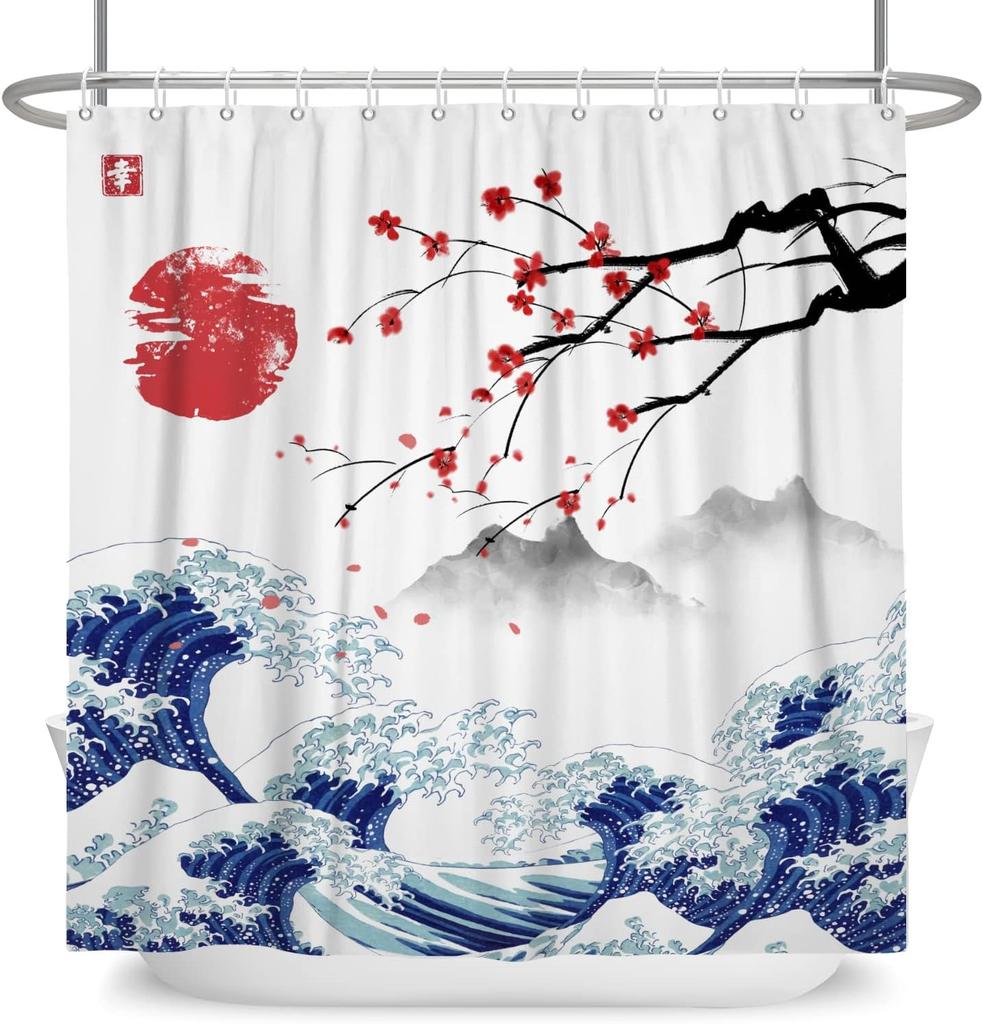 Japan Mount Fuji Körsbärsblom Solnedgång Duschdraperi Bläck Landskap Vågmålning Duschdraperi Badrum Tyg Dekoration