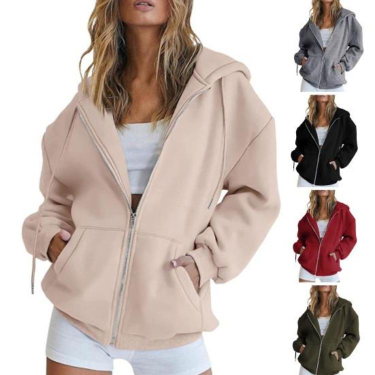Women Warm Hoodie Winter Autumn Casual Loose Long Sleeves Cardigan Solid Color Zipper Hooded Drawstring Outerwear