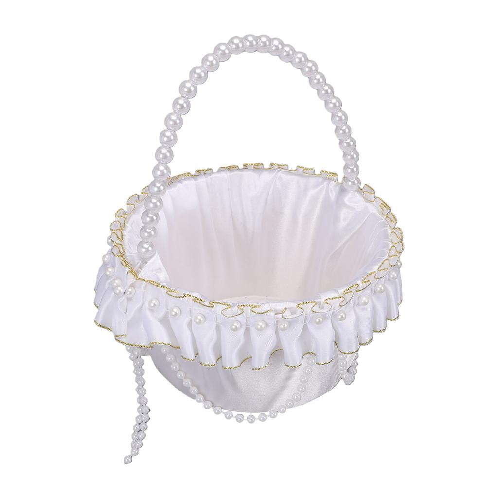 Hochzeit Blumenmädchen Korb mit Perlenhenkel Satin Blume Aufbewahrungskorb für Party Haus Dekoration Weiß