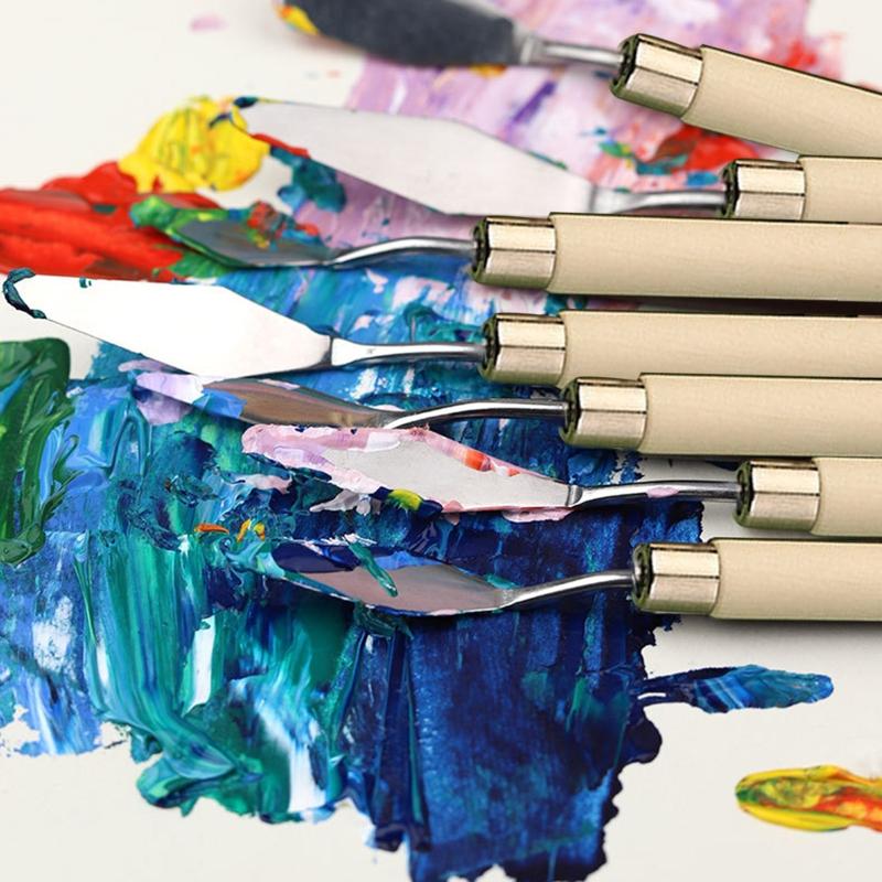 Sada stěrek a paletových nožů Paletové nože Dřevěná rukojeť Nerezová čepel Míchací škrabka pro olejomalbu a akrylovou malbu 7x