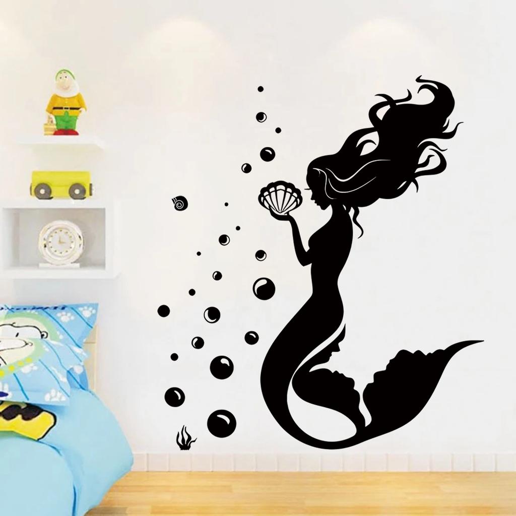 Black Bay Mermaid Silhouette Wall Stickers for Girls Room Children Room Decoration Wall Art Bedroom Decor for Living Room