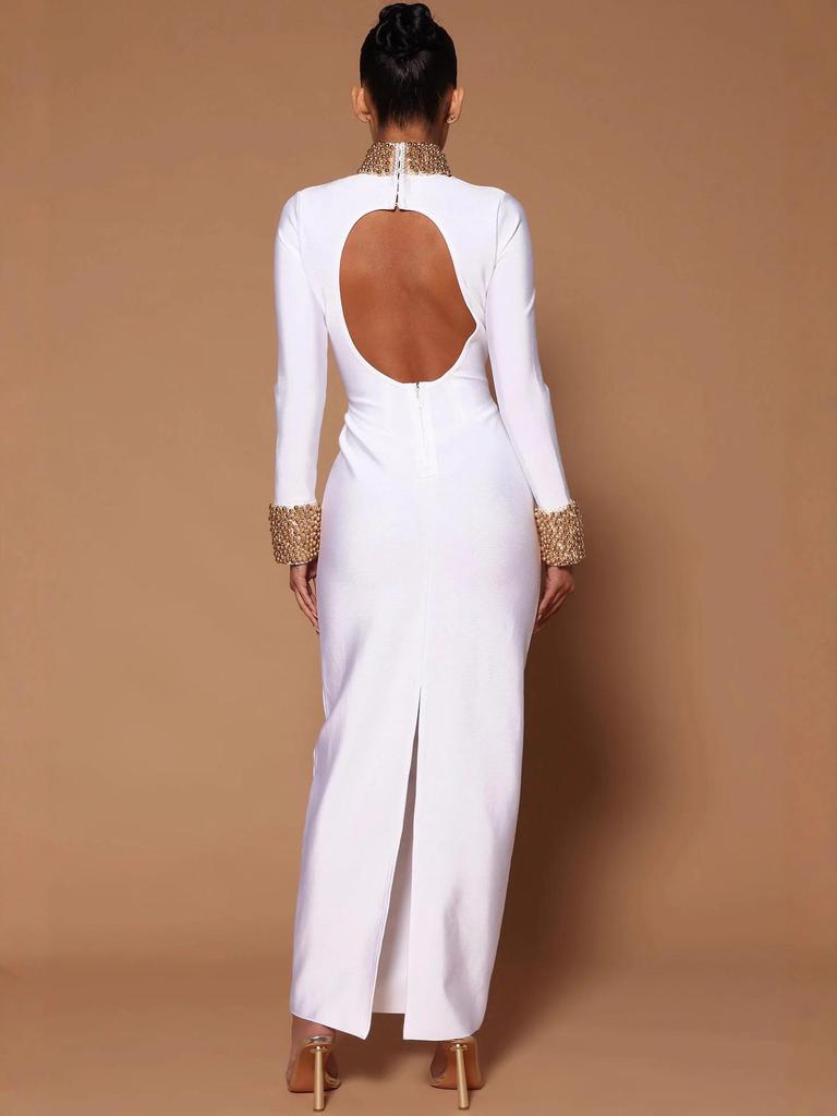 Luxury Beaded Round Neck Backless Bandage Dress - Slim Fit Bodycon Long Dress for Women