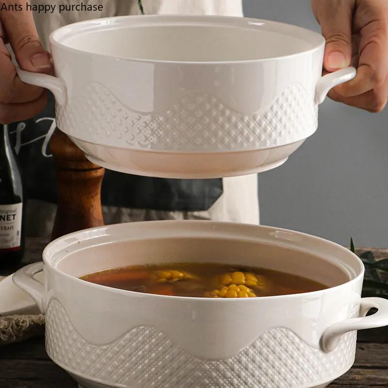 Europa de Nord Acasă Ceramică Bol Binaural cu Capac de Sticlă Mâner de Cristal Alb Bol Mare Farfurie de Supă Veselă Decorativă