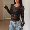 Women See-through Lace Sexy Thin Blouse Women 2026 Fashion New Spring Y2k Black T-shits Autumn Slim Fit Tee Elegant Pullover Crop Top