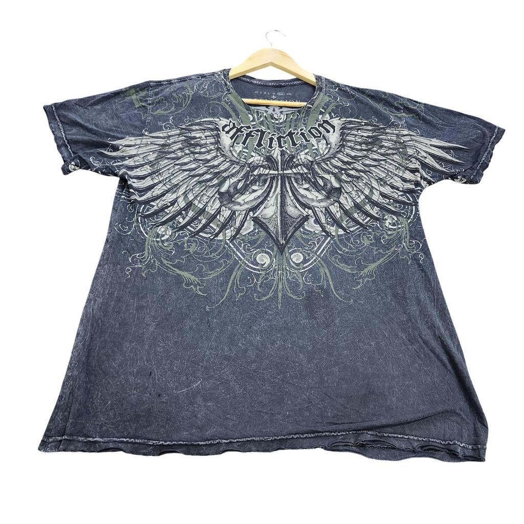 Camiseta Affliction Masculina 2XL Cinza com Estampa de Asas de Anjo Gola V Tachas Biker Camiseta Unisex