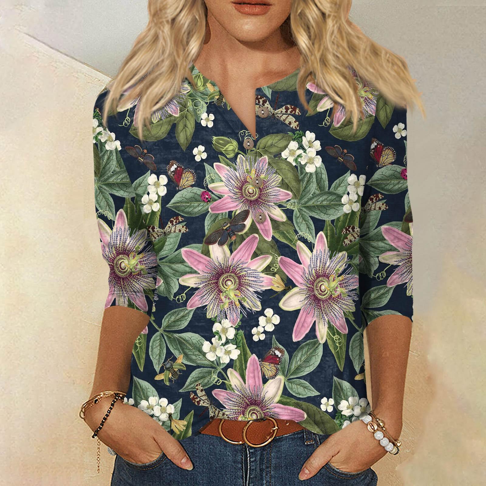 Женская футболка с цветочным принтом и рукавом три четверти — фото 8