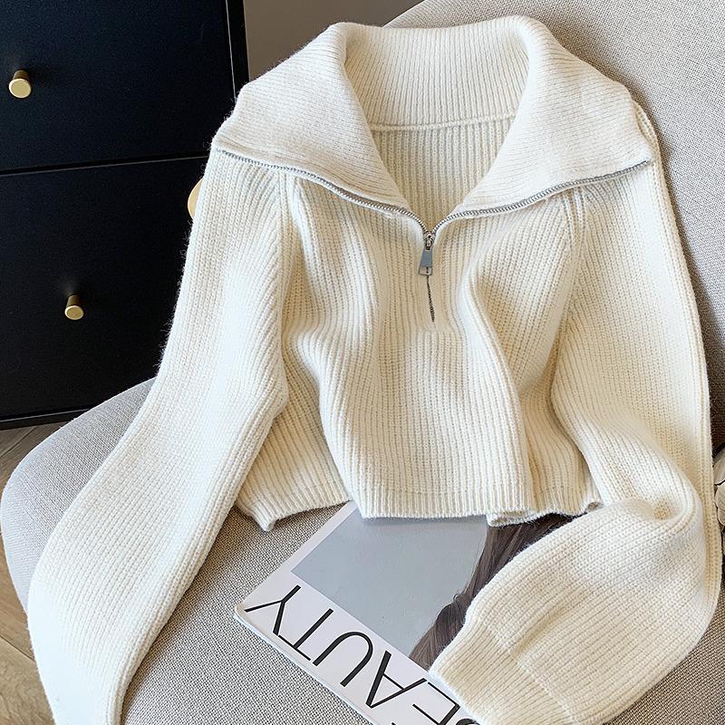 

Свитер с полумолнией для женщин на осень и зиму, свободный свитер с ленивыми лацканами, новый короткий топ в корейском стиле one size fits all