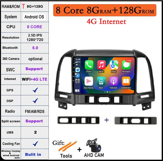 QLED IPS DSP Android 14 For Hyundai Santa Fe 2 2006-2012 Car Wifi 4G Auto Player Radio Multimedia Video Player Navigation
