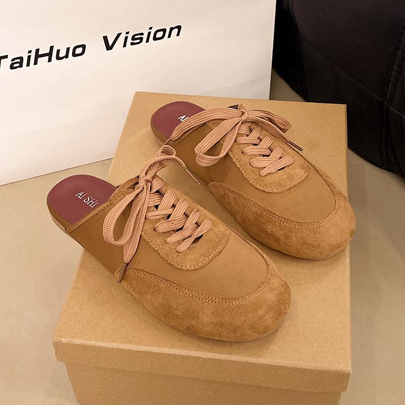 British spring 2025 new lace-up lazy one-pedal muller shoes cool slippers bag head half slippers women's outer wear