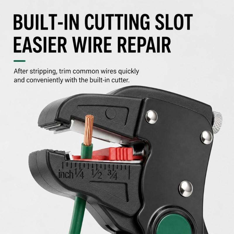 Wire Stripper and Cutter with Adjustable Insulation Length and Tension, Manual Hand Tool with a Stripping Jaw and Separate Steel Cutter