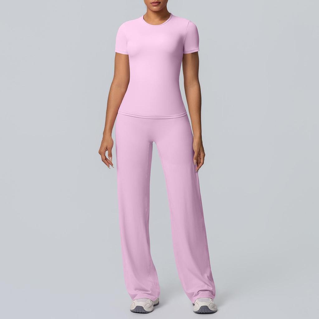 Tvådelad Enfärgad Yoga-dräkt: Dubbelsidig borstad långärmad topp med vida byxor för träning, löpning och fitness