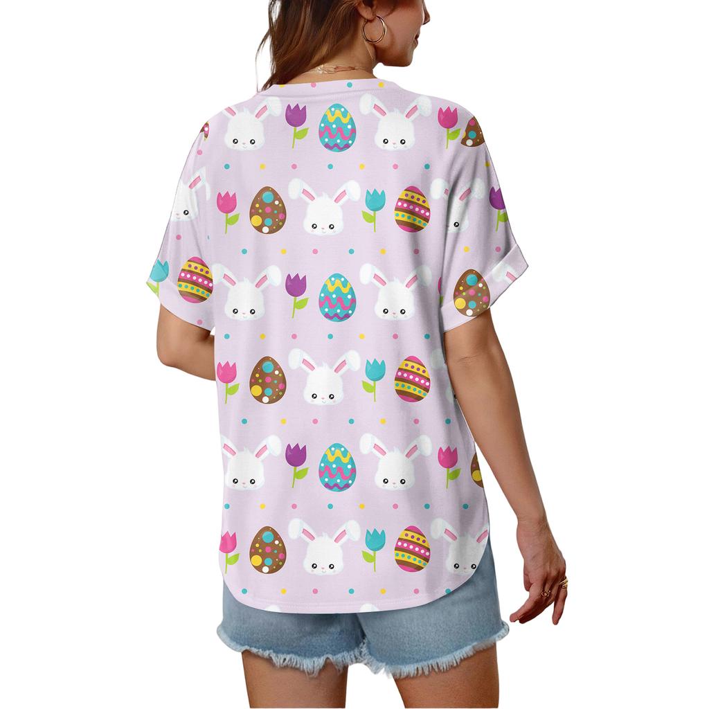 Women's Fashionable Casual Everyday Versatile Easter Print Slim-Fit Summer Short-Sleeve Top