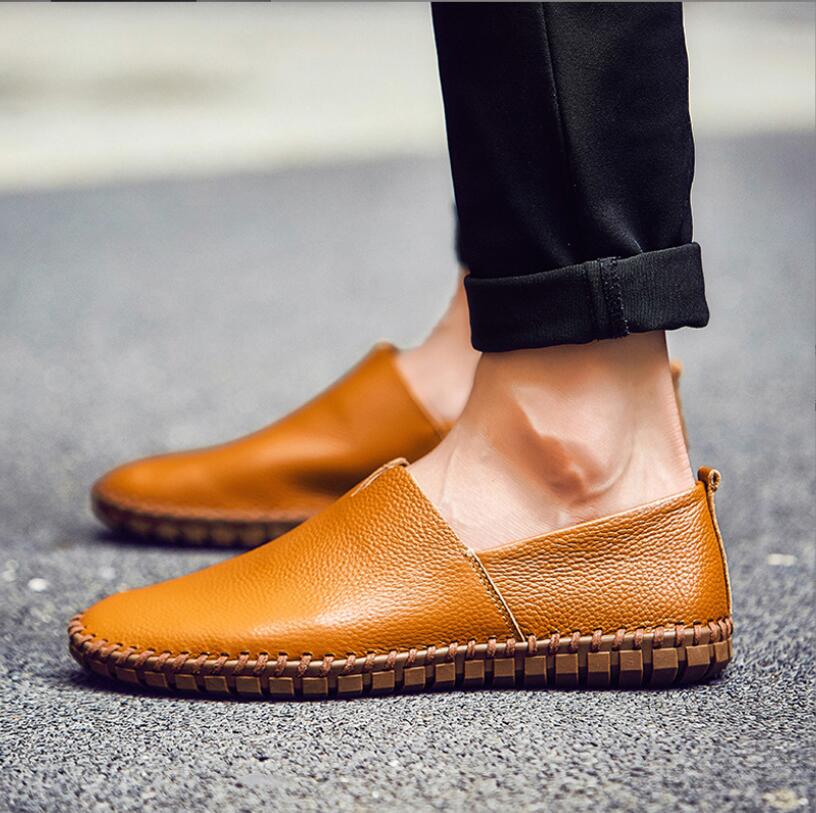 Genuine Cow Leather Mens Loafers Fashion Handmade Moccasins Soft Leather Blue Slip On Men's Boat Shoe PLUS SIZE 38~46