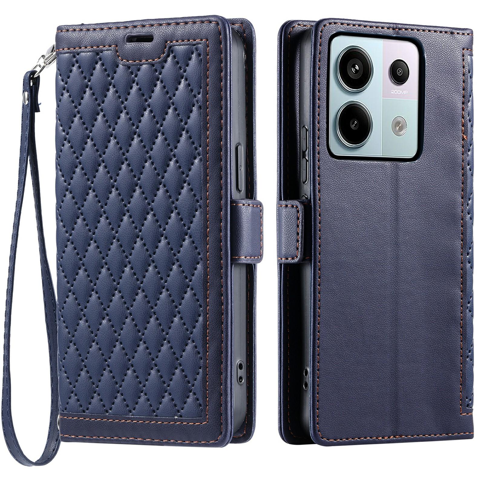 

For Xiaomi Redmi Note 13 Pro 5G/Poco X6 5G Leather Case Rhombus Texture Wallet Stand Phone Cover with Wrist Strap Blue
