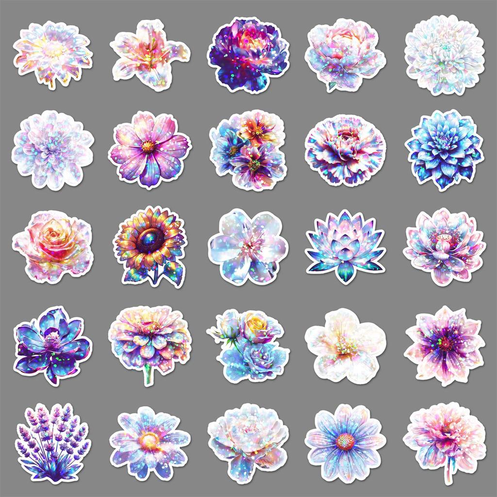 50 Sheets Holographic Iridescent Floral Stickers - Colorful, Waterproof, INS Style for Storage Boxes & Teacups