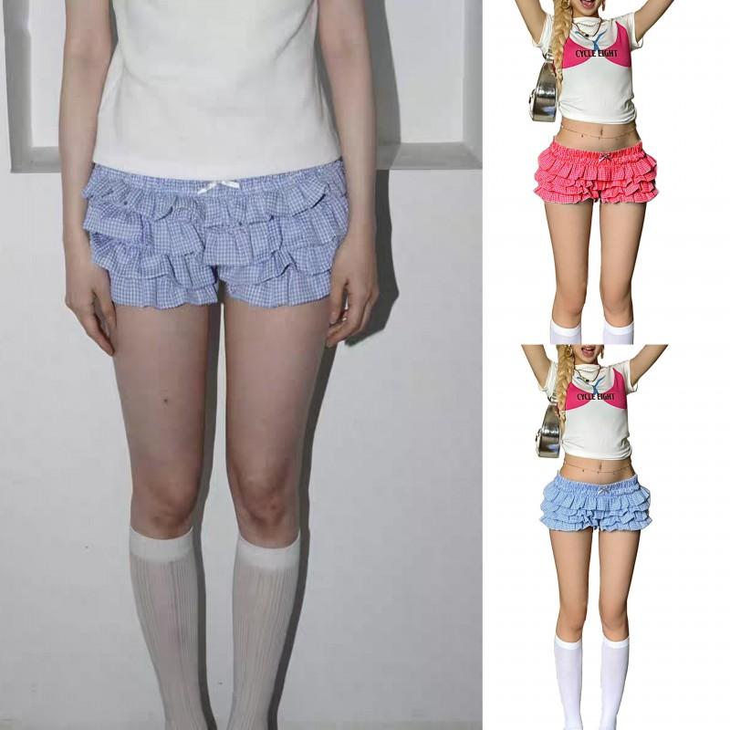 Y2K Sweet Low-Waist Plaid Ruffle Cake Shorts Streetwear Women