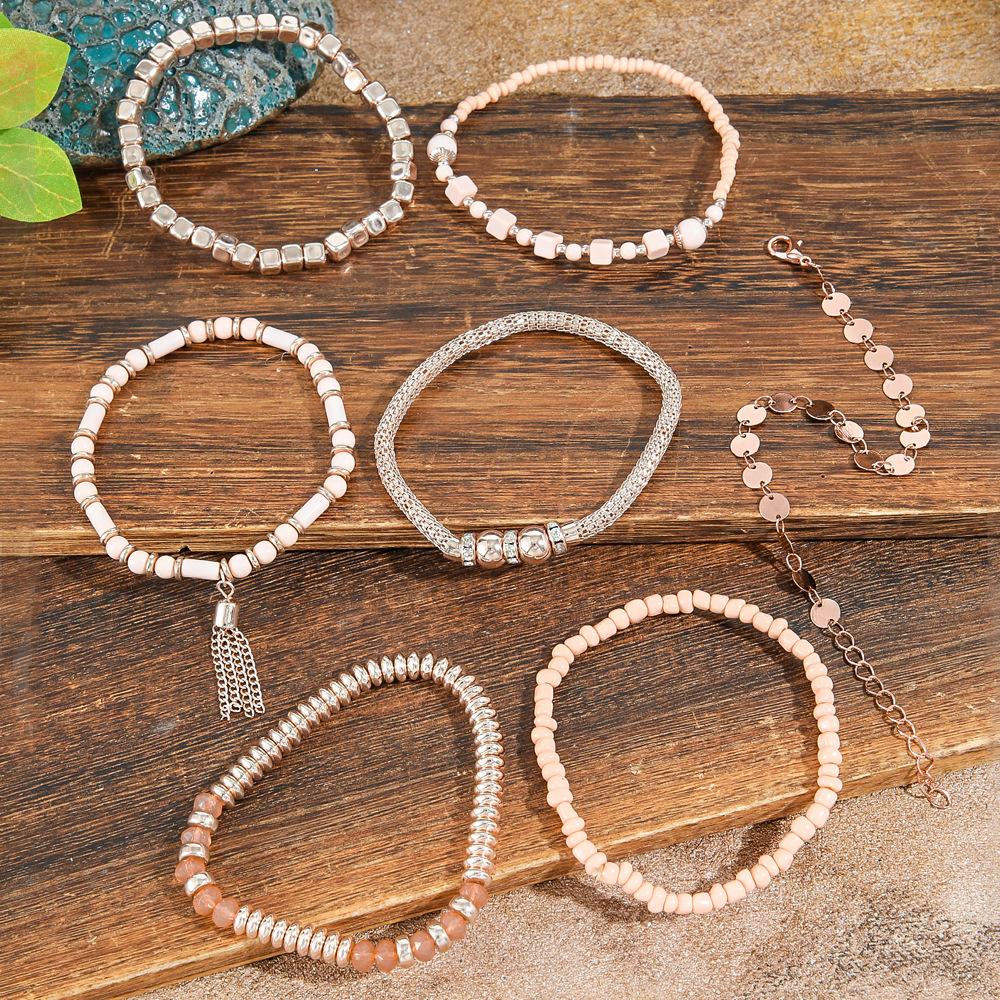 Bohemian Multi Layer Stackable Bracelet Fresh Sweet Style Handmade Beaded Pink Metal Chain Bracelet Jewelry For Women